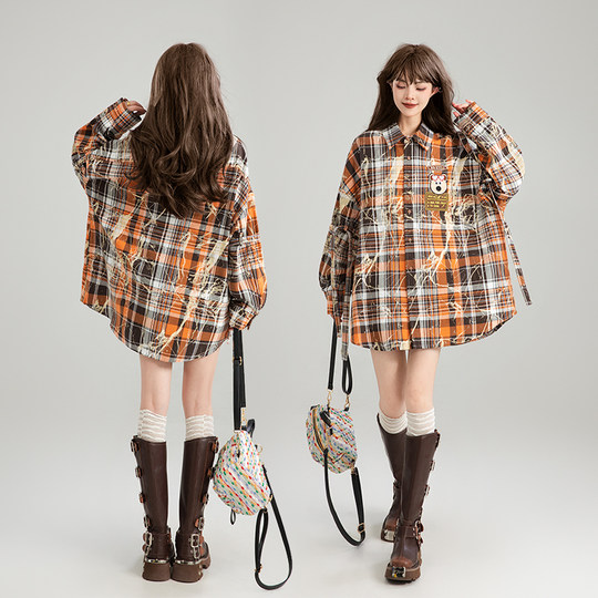 Keiko retro rendering grid long -sleeved shirt 2025 Spring atmosphere Sentence, orange loose jacket, jacket
