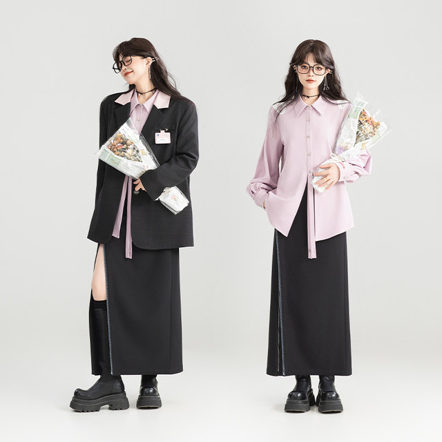 KEIKO Double Zip Adjustable Slit Skirt 25 Spring and Summer New Commuter High Waist Slim Black A-line Long Skirt