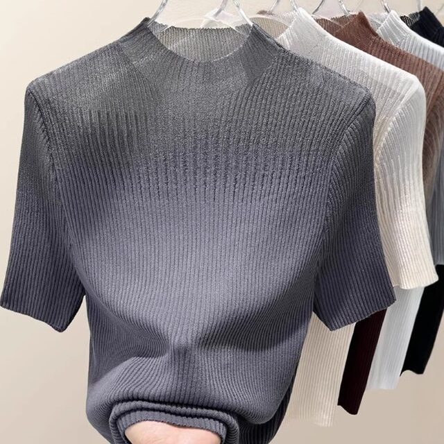 2025 summer slim thin hollow top for women Korean style outfit new half-high neck mesh lace short sleeve knitted
