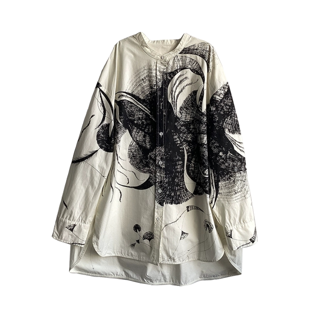 Clear black phoenix tail pattern Chinese stand collar round sling loose slit cotton long-sleeved shirt literary and casual