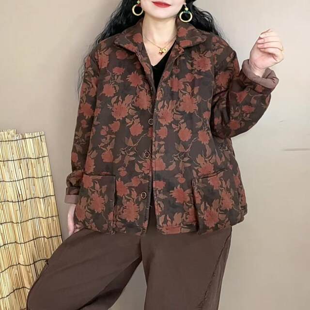 Fried color ethnic style full print plus cotton jacket fashionable casual double pocket warm cotton jacket J22 23#