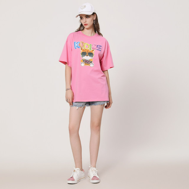 kodice spring and summer new pink cotton round neck T-shirt short-sleeved top cartoon printed loose casual women's clothing