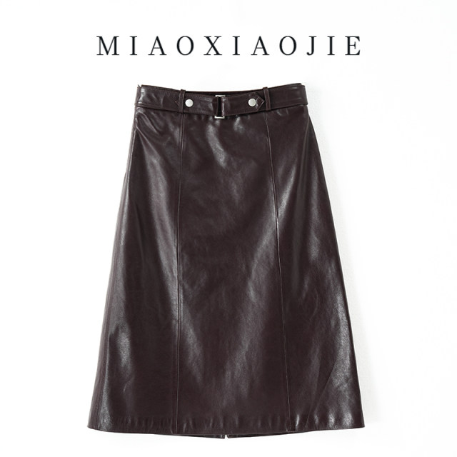 Oil wax leather high-end sheepskin genuine leather skirt long skirt women's slim high waist hip slit one-step skirt retro skirt