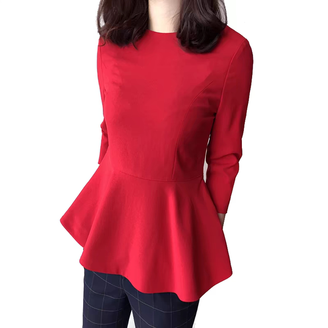7-quarter sleeve T-shirt for women in early spring, slim belly, lotus leaf edge versatile top round neck slim waist waist big hem shirt
