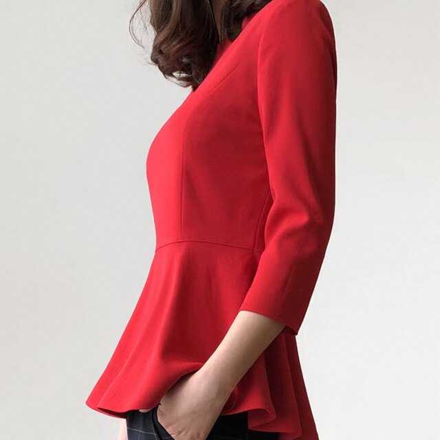 7-quarter sleeve T-shirt for women in early spring, slim belly, lotus leaf edge versatile top round neck slim waist waist big hem shirt
