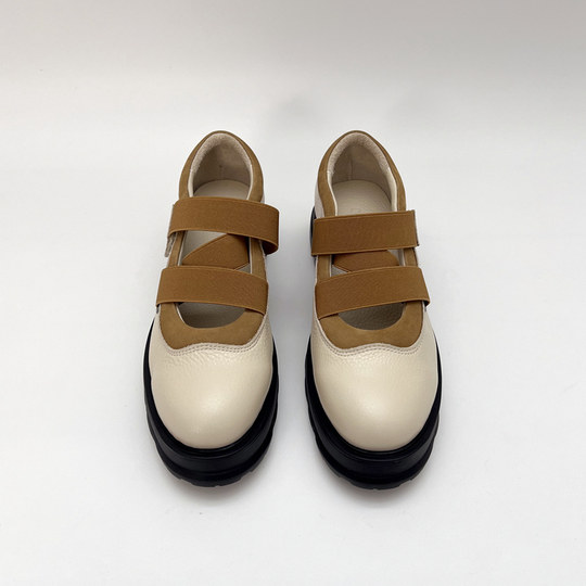 Cabinet Ya's women's shoes genuine leather casual shoes thick-soled soft and comfortable small leather shoes Velcro elastic band European and American platform shoes