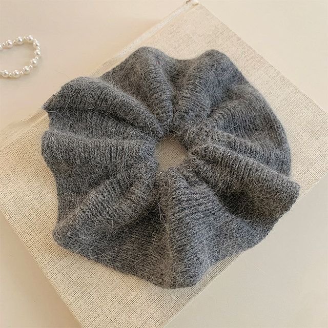Gray large rabbit fur knitted wool large intestine hair tie for women in autumn and winter with low ponytail hair rope and hair rubber band