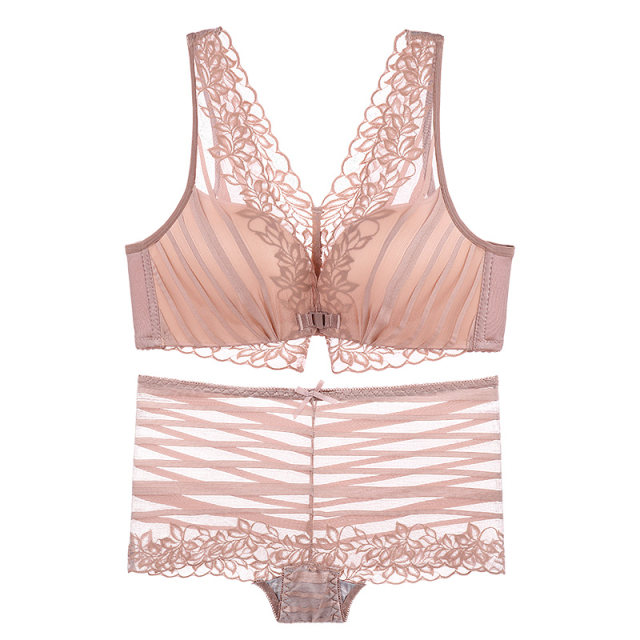 Large size beautiful front buckle bra without steel rings gathering thick adjustment sexy lace underwear women's thin suit