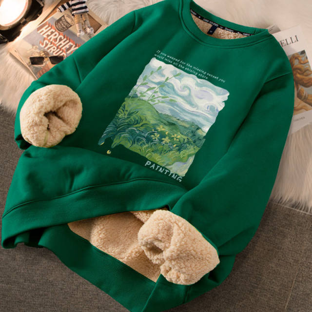 Thickened lamb velvet printed round neck sweatshirt for girls in 2024 new winter loose outerwear trendy top