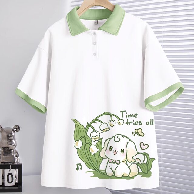 Short -sleeved T -shirt Female Summer 2024 New Explosive Student Polo Shirt Loose Summer Women's Blue Half -Half -Sleeve
