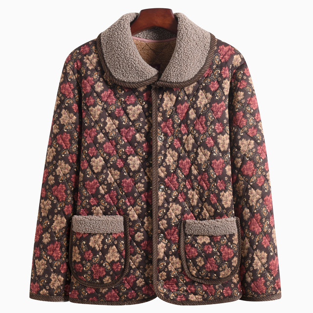 Mom's autumn and winter thick velvet lapel coat for middle-aged and elderly women, large size fashionable loose cotton coat, three-layer thickened cotton jacket