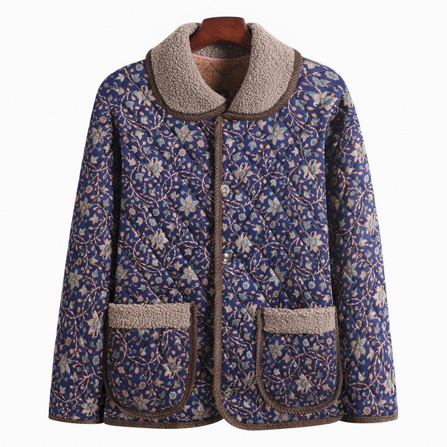 Mom's autumn and winter thick velvet lapel coat for middle-aged and elderly women, large size fashionable loose cotton coat, three-layer thickened cotton jacket