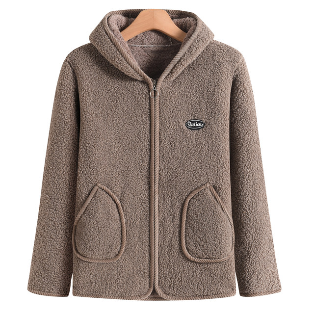 Mom's autumn and winter velvet thickened hooded coat for middle-aged and elderly women large size fashionable loose grain velvet warm top