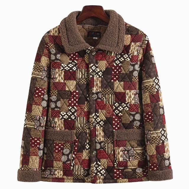 Mom autumn and winter thickened coat female middle -aged and elderly large -size lapel plus velvet cotton jacket 200JIN [Jin is equal to 0.5 kg] loose three -layer cotton clothing
