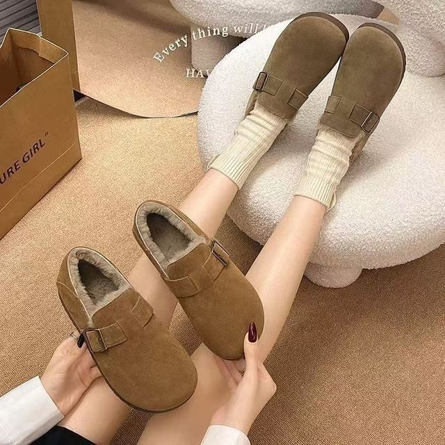 Counter 2025 autumn and winter new snow boots genuine leather retro plus velvet Birkenstock shoes women's flat beanie slip-on cotton shoes