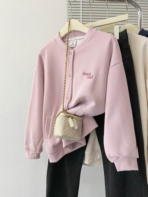 American style unique and thin sweatshirt jacket for women's spring and autumn gray heavy embroidered design baseball uniform