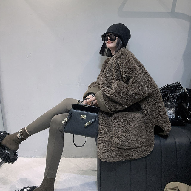 Lamb Fur Grass Coat for Women Korean Version 2023 Medium Length Loose Standing Neck Woolen Coat for Women  Fur Coat Women