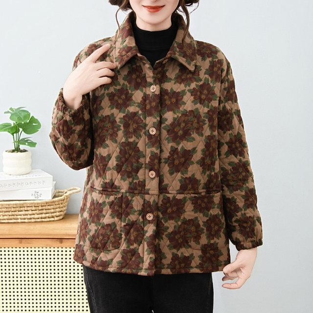 Middle-aged and elderly women's thin floral cotton-padded clothes for autumn and winter new warm cotton-padded shirts, jackets, cotton clothes, mother's cotton-padded jackets