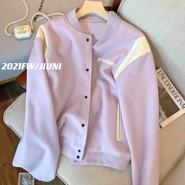 300Jin [Jin equals 0.5kg] Large size purple baseball uniform jacket for women 2021 winter new style loose niche western style thickened velvet jacket