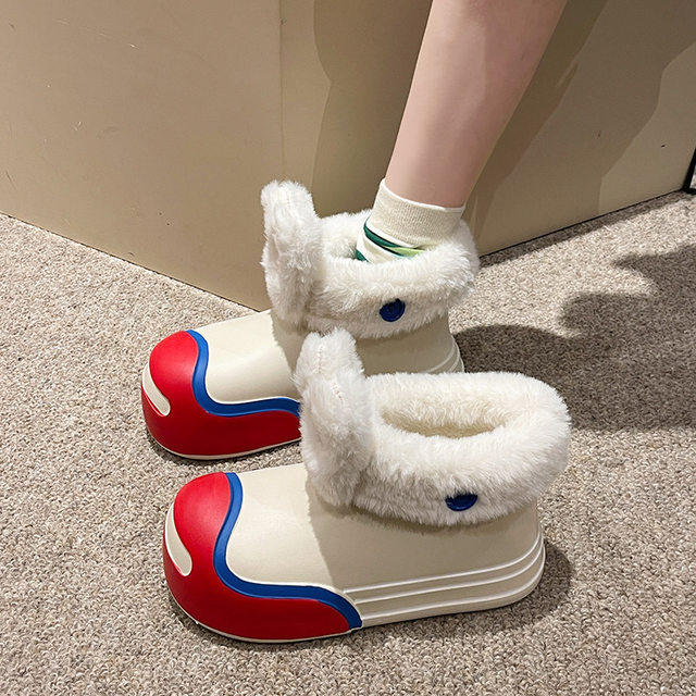 New mid-calf rain boots for women in autumn and winter plush and velvet thickened outer wear versatile fashionable cute little rabbit snow boots