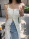 Korean chic summer French elegant square collar single-breasted heavy industry lace design suspender dress for women