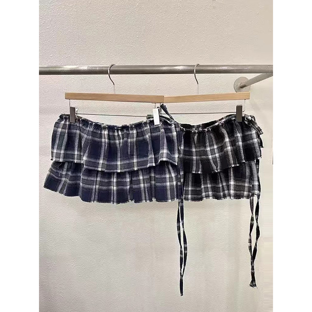 Liangliang's double-layer ruffle plaid skirt for women in spring and summer new retro age-reducing side lace-up layered skirt