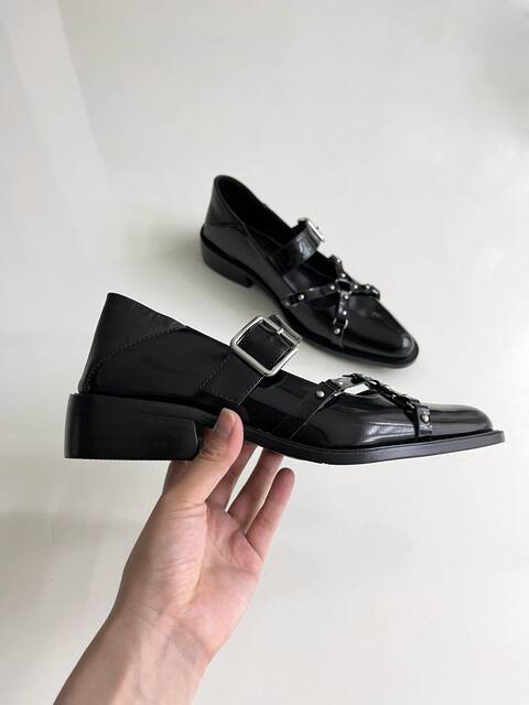 asthershop original punk style Mary Jane shoes, one-line metal decorative thick heel women's shoes
