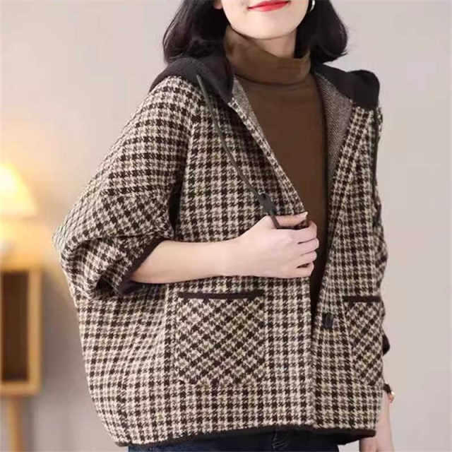 2024 Spring and Autumn New High-end Plaid Cashmere Woolen Short Jacket Women's Loose Bat Sleeve Thickened Hooded Cardigan
