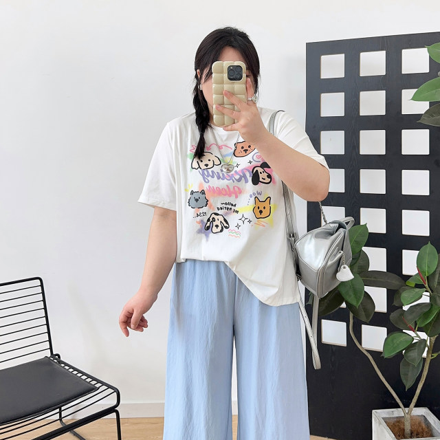 Large size fat mm cartoon front shoulder pure cotton cartoon printed short-sleeved T-shirt for women in spring and summer 2025 new loose top
