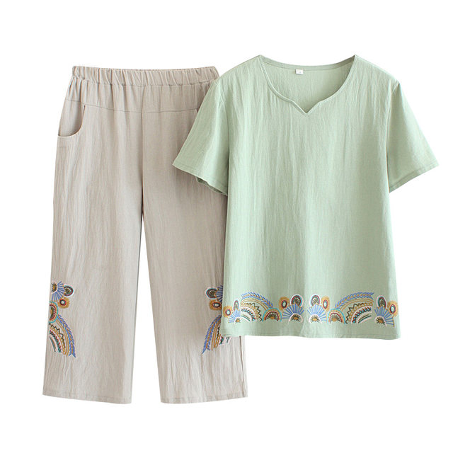 Summer mother short -sleeved two -piece suit Middle -aged women's large -size cotton embroidered fashion T -shirt middle -aged old -fashioned shirt
