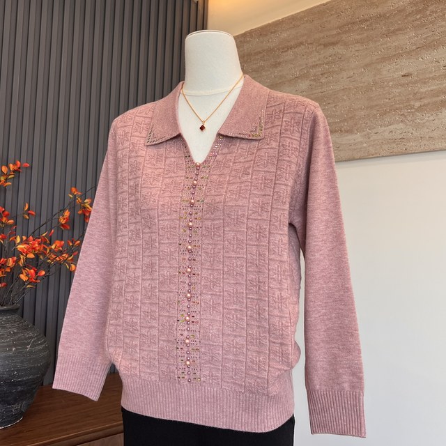 Fashionable new mother's knitted sweater, long-sleeved lapel top, hot rhinestoned soft sweater inner layer for middle-aged and elderly women