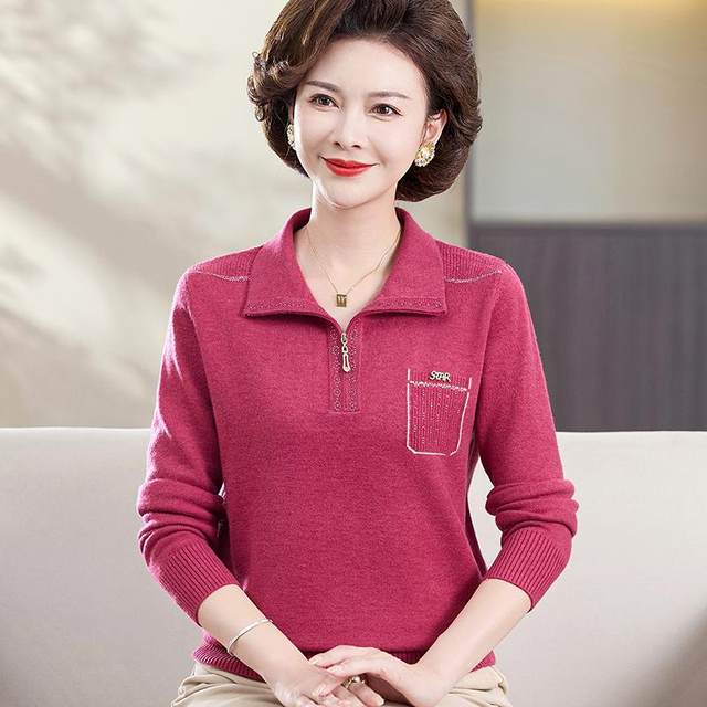 Autumn and winter middle-aged and elderly women's large size half-zip woolen sweater, fashionable mother's knitted long-sleeved lapel bottoming shirt