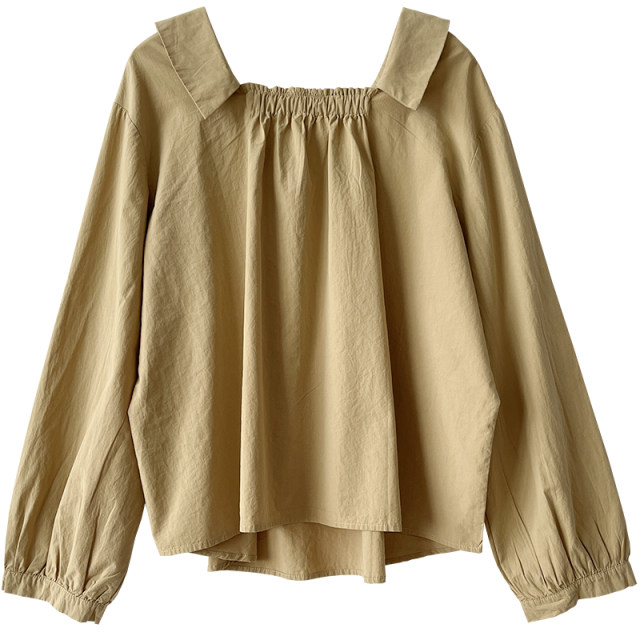One word -collar shirt Ms. Spring and Autumn New Simple Simple Fresh Fresh Sleeve Niche Design Sensory Cotton Big Top
