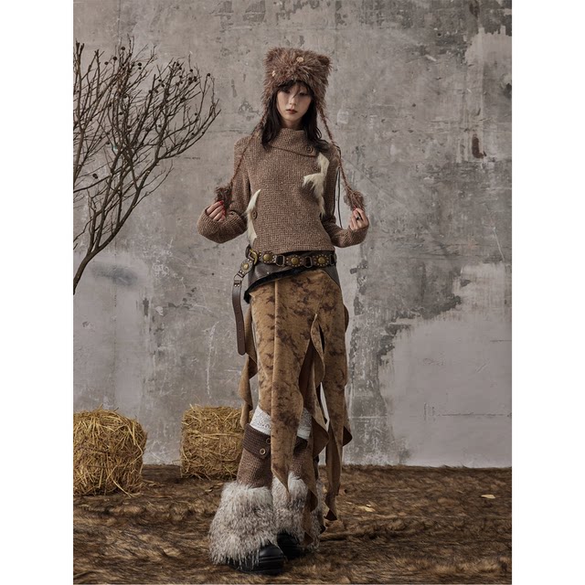 Lost back garden retro wandering pu leather splicing rivet autumn and winter irregular ruffled long skirt for women
