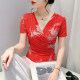 Temperament tie -dyeing T -shirts Female short -sleeved summer new sexy V -neck net gauze crotch

