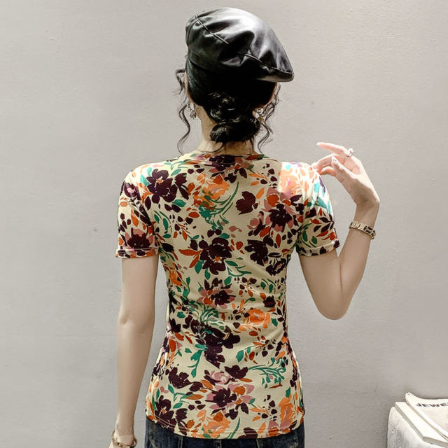 Printed temperament V-neck T-shirt for women's short-sleeved summer European style tie-dye mesh top slim and versatile half-sleeved shirt