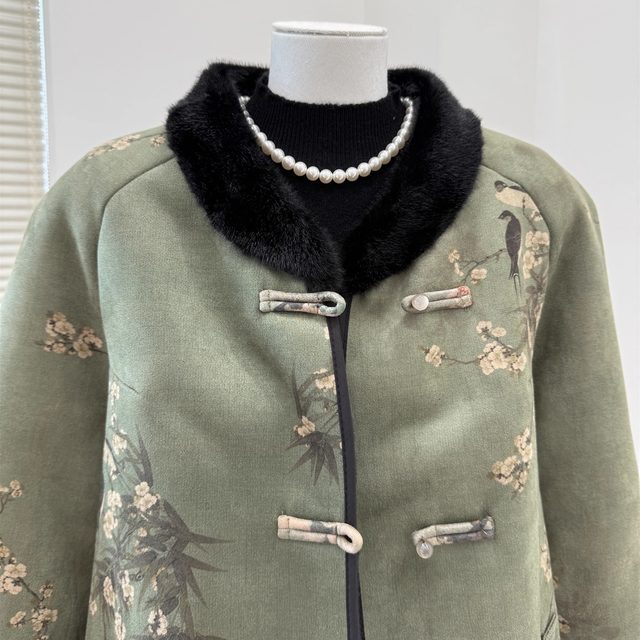 Middle-aged and elderly winter cotton-padded clothes, new Chinese-style fur collar cotton-padded clothes, women's thickened coats, mother's stand-up collar old lady's cotton-padded jackets