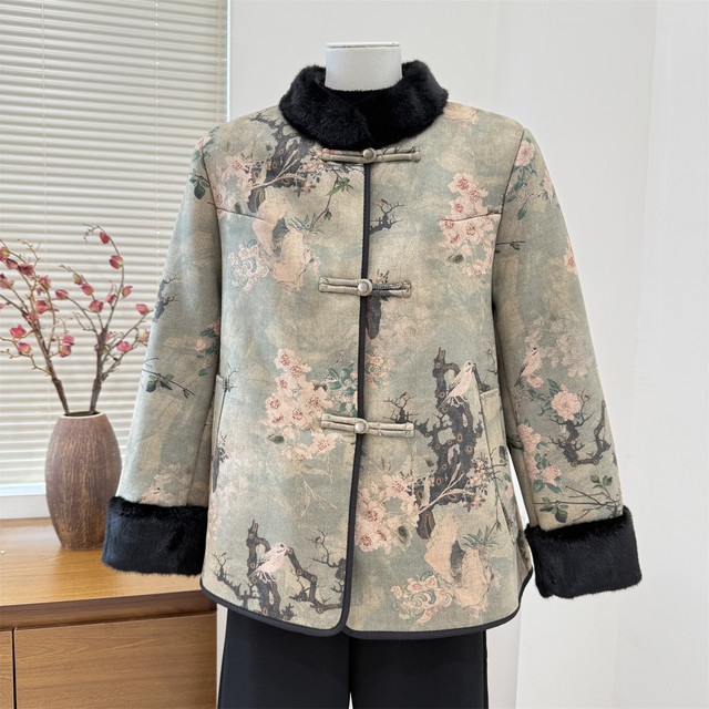 Middle-aged and elderly winter cotton-padded clothes, new Chinese-style fur collar cotton-padded clothes, women's thickened coats, mother's stand-up collar old lady's cotton-padded jackets