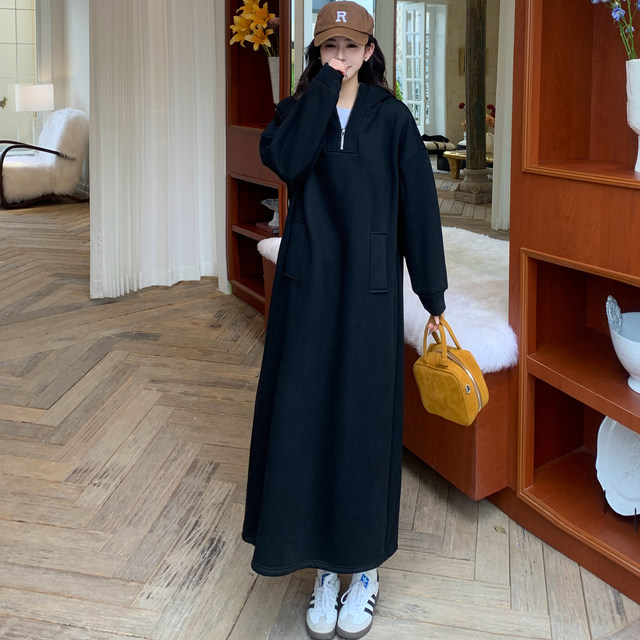 Large size women's autumn and winter new fat mm loose slim hooded plush sweatshirt dress wear bottoming long skirt