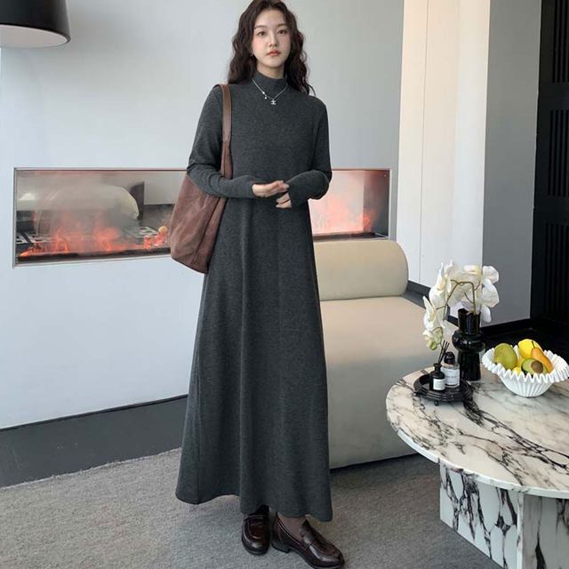 Autumn and winter plus size women's clothing for fat mm slimming belly-covering French solid color high-neck bottoming dress with A-line skirt inside