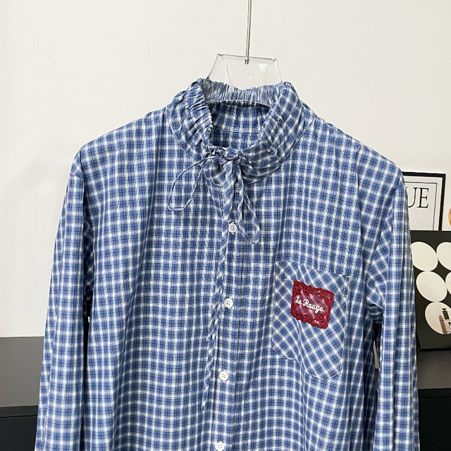 
le rouge Zhou Meimei Retro Academy Blue and White Plaid Lace Spliced ​​Label Drawstring Stand Collar Sunscreen Shirt