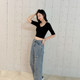 versatile big round neck U-neck base shirt for women Korean style short slim mid-sleeved black gray high-waisted T-shirt top