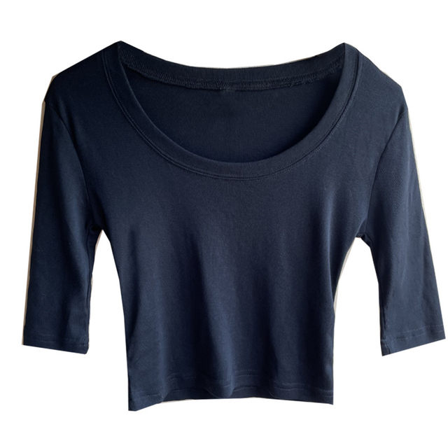 versatile big round neck U-neck base shirt for women Korean style short slim mid-sleeved black gray high-waisted T-shirt top