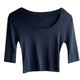 versatile big round neck U-neck base shirt for women Korean style short slim mid-sleeved black gray high-waisted T-shirt top