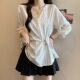 High-end black V-neck long-sleeved shirt for women in spring and summer large size fat mm irregular waist-hugging temperament unique top
