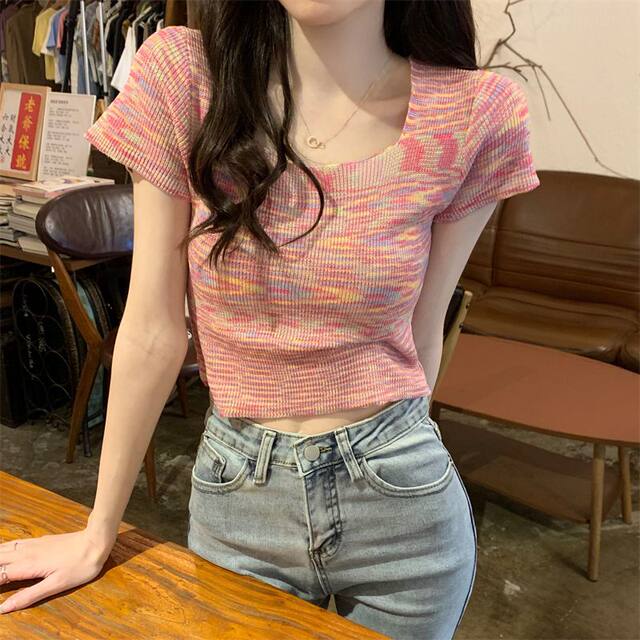 Women's 2025 summer new T-shirt Korean style fashion rainbow color soft glutinous square collar short-sleeved top inner wear ins