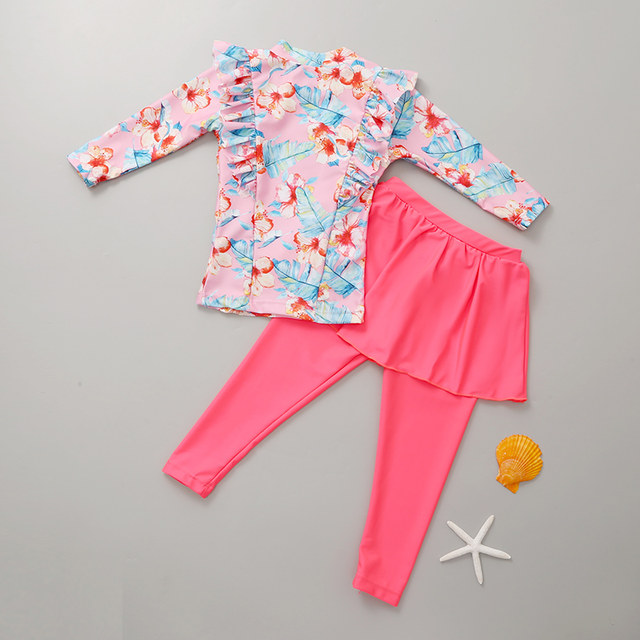Children's swimsuit girl Xia long -sleeved conjoined girl 2022 new Chinese princess princess skirt casual surfing swimsuit
