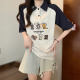 Cotton new POLO lapel stitching tide brand short -sleeved T -shirt women loose cartoon embroidery half -sleeved shirt