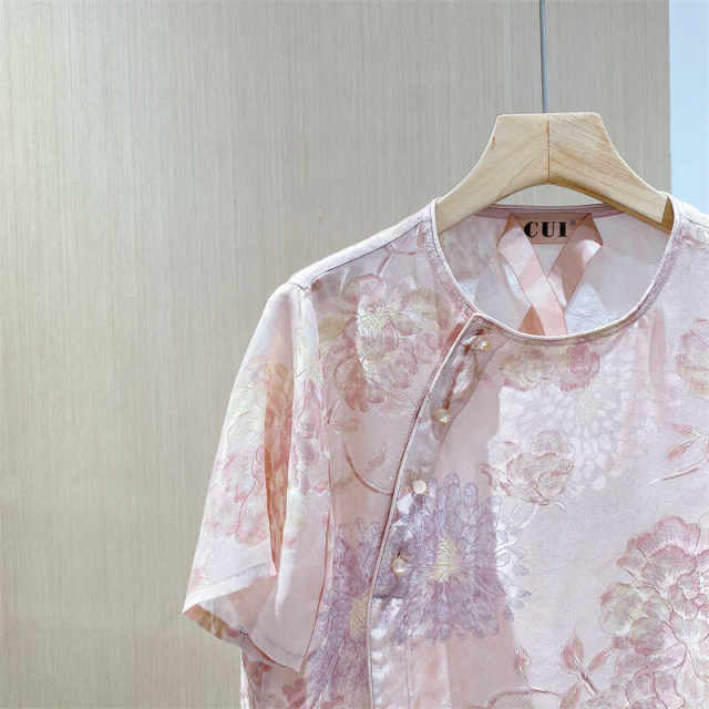 Pink jacquard slanted button mulberry silk short-sleeved shirt for women in spring and summer new style Chinese style slim top