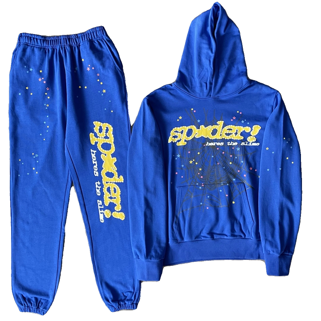 SP5DER 555555 TC BLUE HOODIE PANTS Spider Web Men and Women Casual